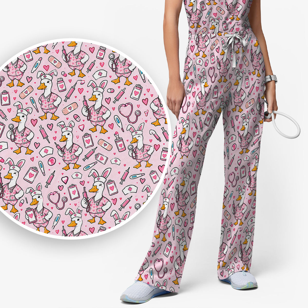 Cute Easter Goose With Bunny Ears Scrub Set, Scrub Pants and V Neck Top