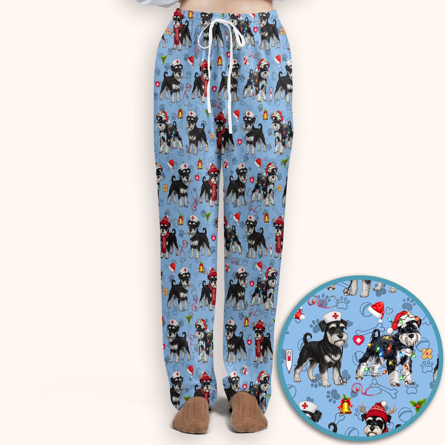 Christmas Schnauzer Scrub Set for Nurses - Cute Dog Holiday Scrubs Pants and V Neck Top - Funny Santa Nursing Medical Shirt for Women