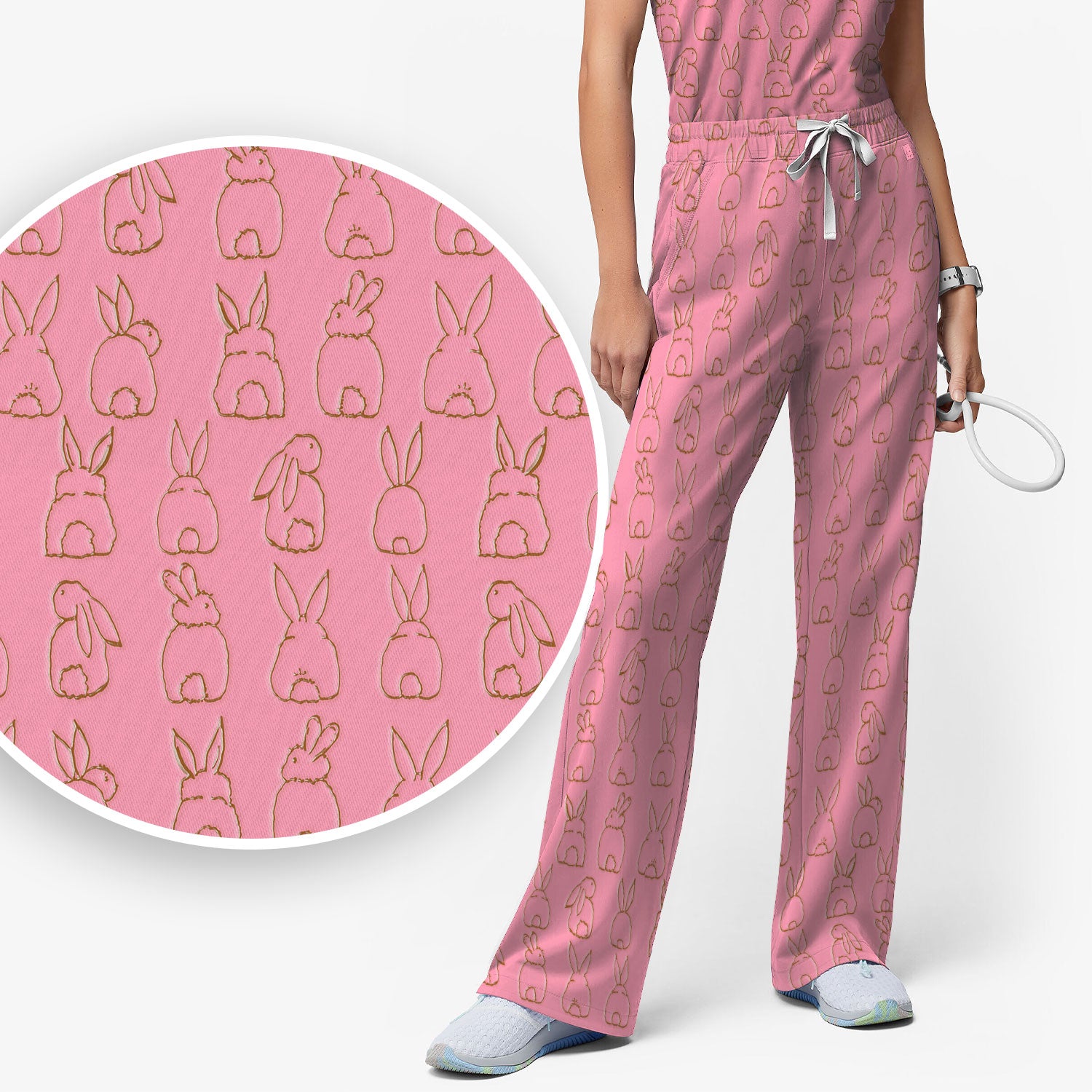 Cartoon Bunny Line Art Pattern Medical Scrub Set, Breathable Med Uniform