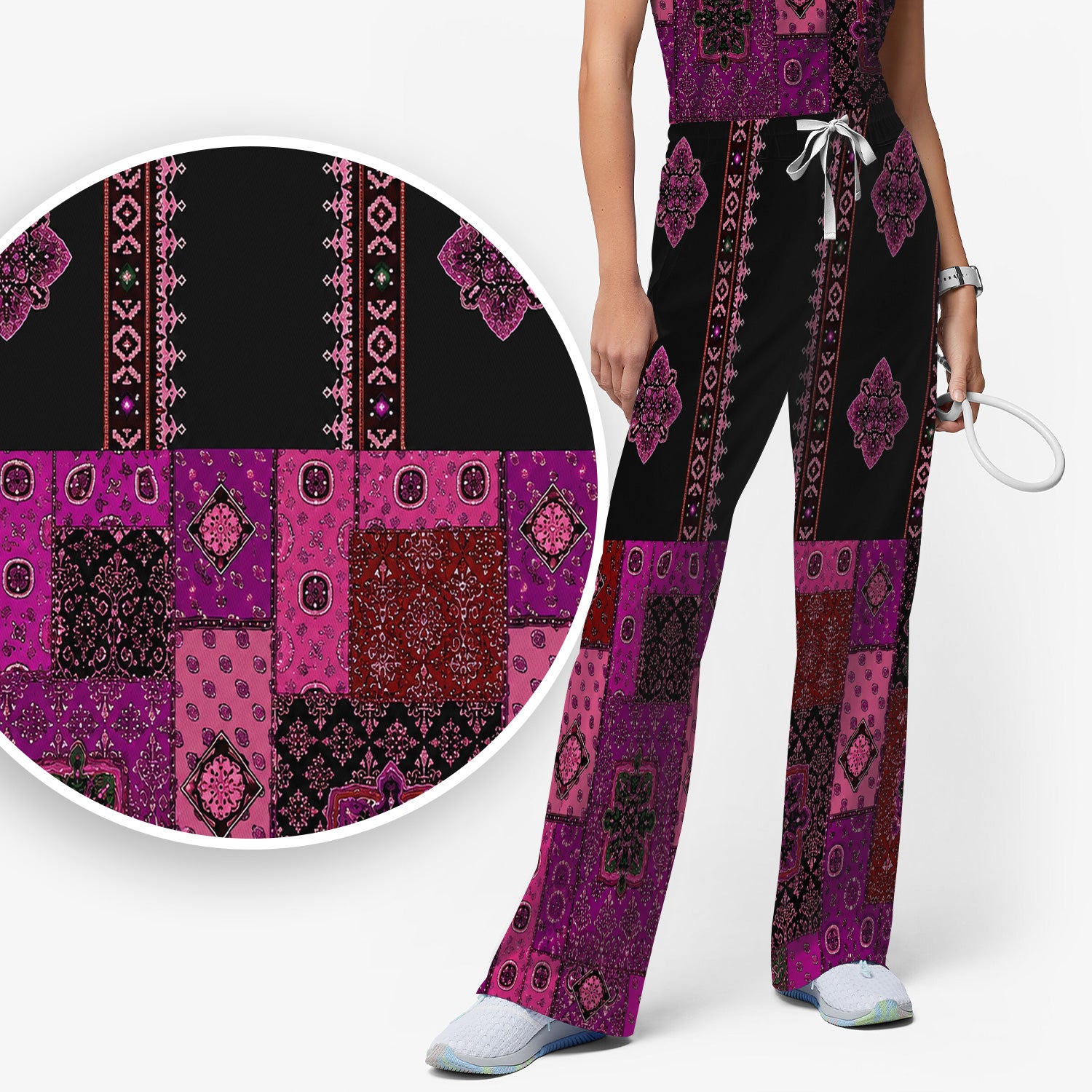 Boho Pink Bandana Patchwork Pattern Scrub Set, Scrub Pants and V Neck Top