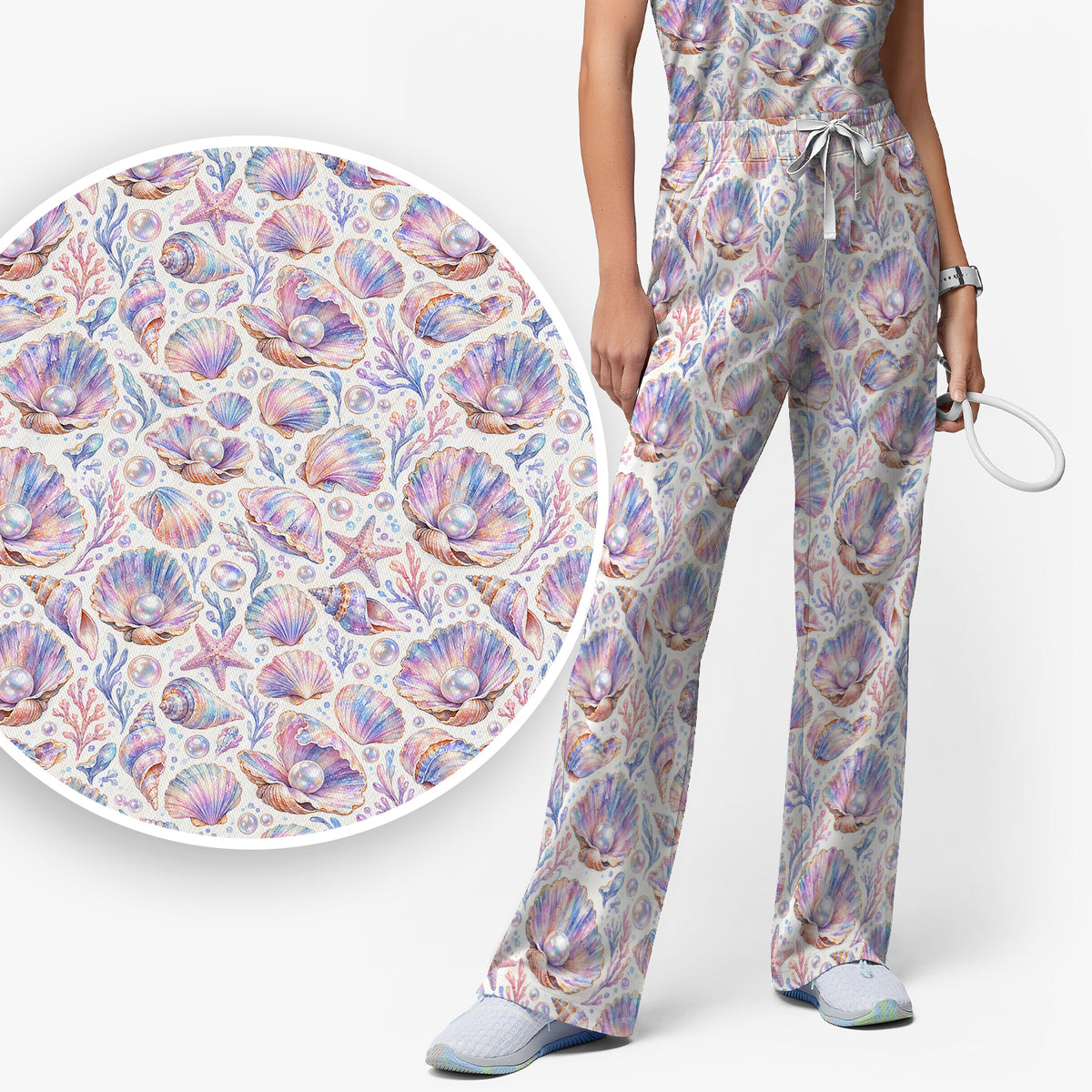 Pastel Seashell And Pearl Pattern Scrub Set, Scrub Pants and V Neck Top