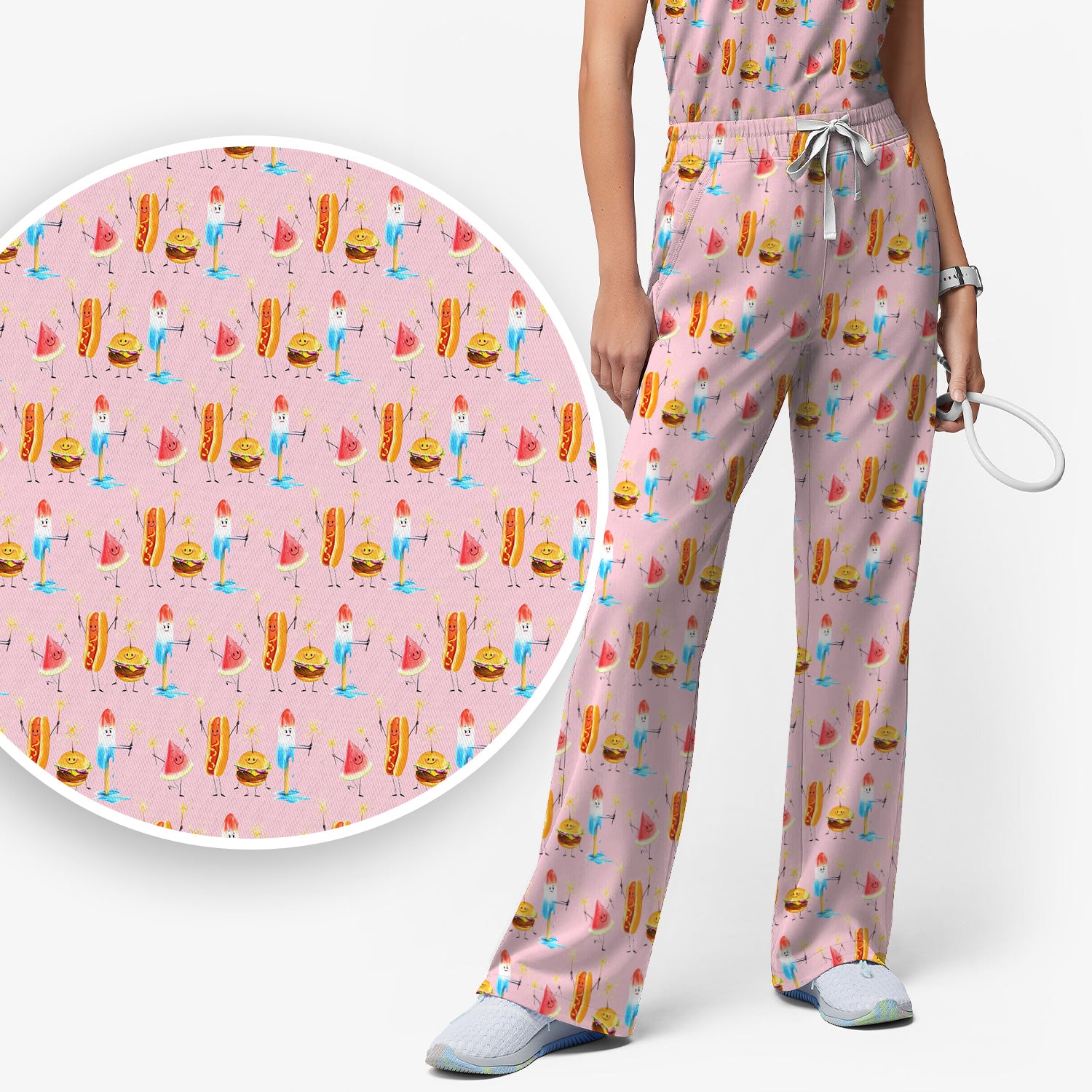 Funny Summer Food Icons Pattern Scrub Set, Breathable Fabrics Nursing Uniform