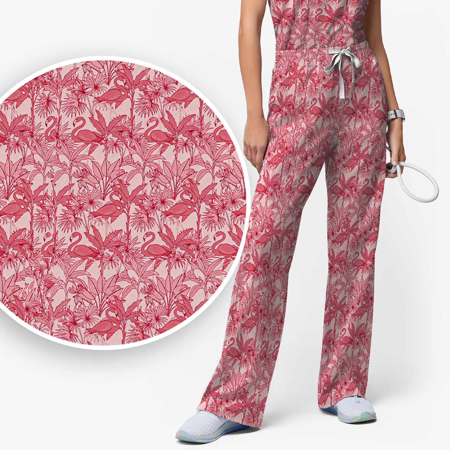 Tropical Flamingo Palm Leaves Pattern Scrub Top, Breathable Fabrics Nursing Uniform
