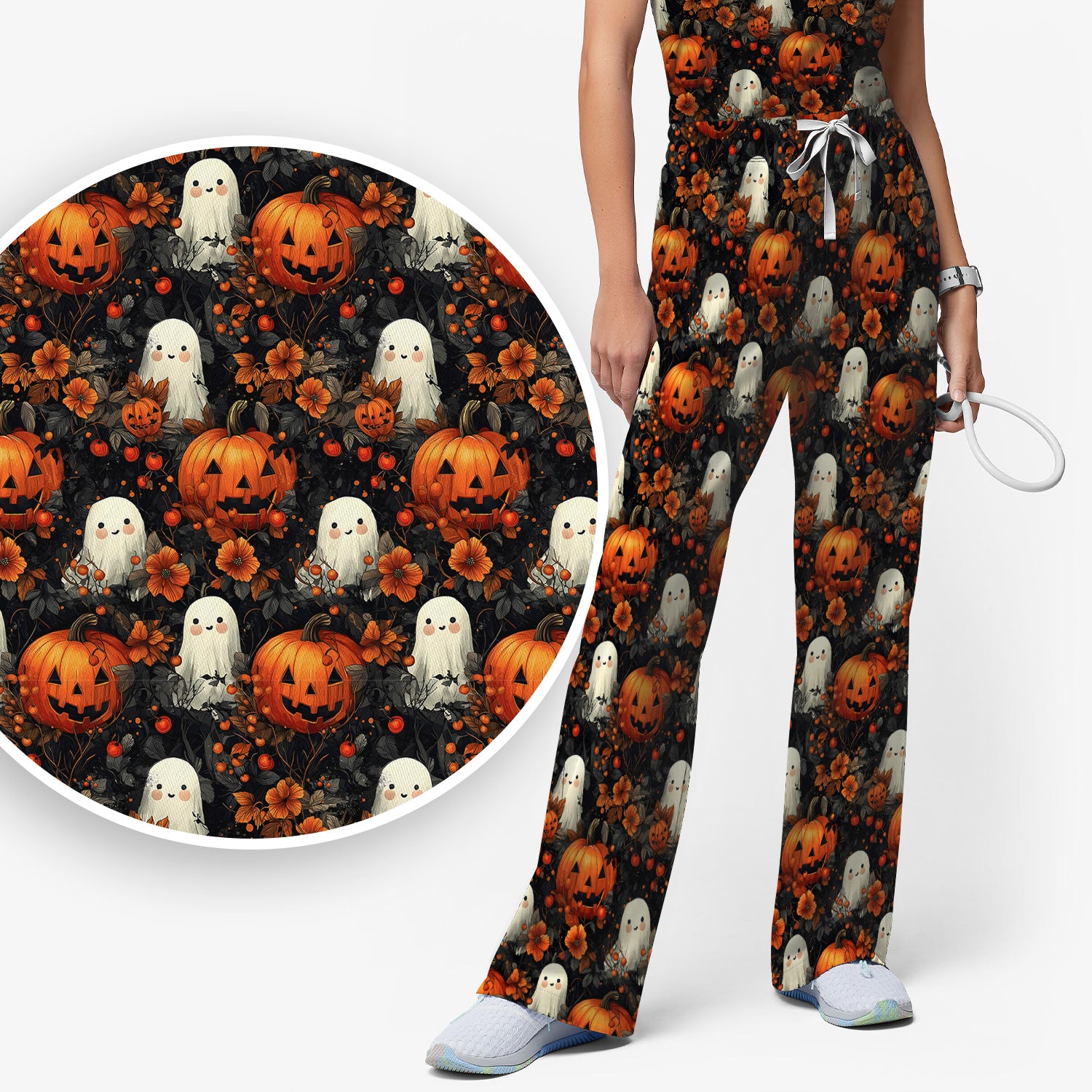 Spooky Halloween Ghost And Pumpkin Pattern Scrub Set, Scrub Pants and V Neck Top