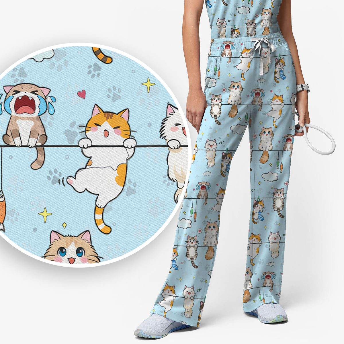 Funny Cats With Cute Expressions Pattern Scrubs Sets, Scrub Pants and V Neck Top