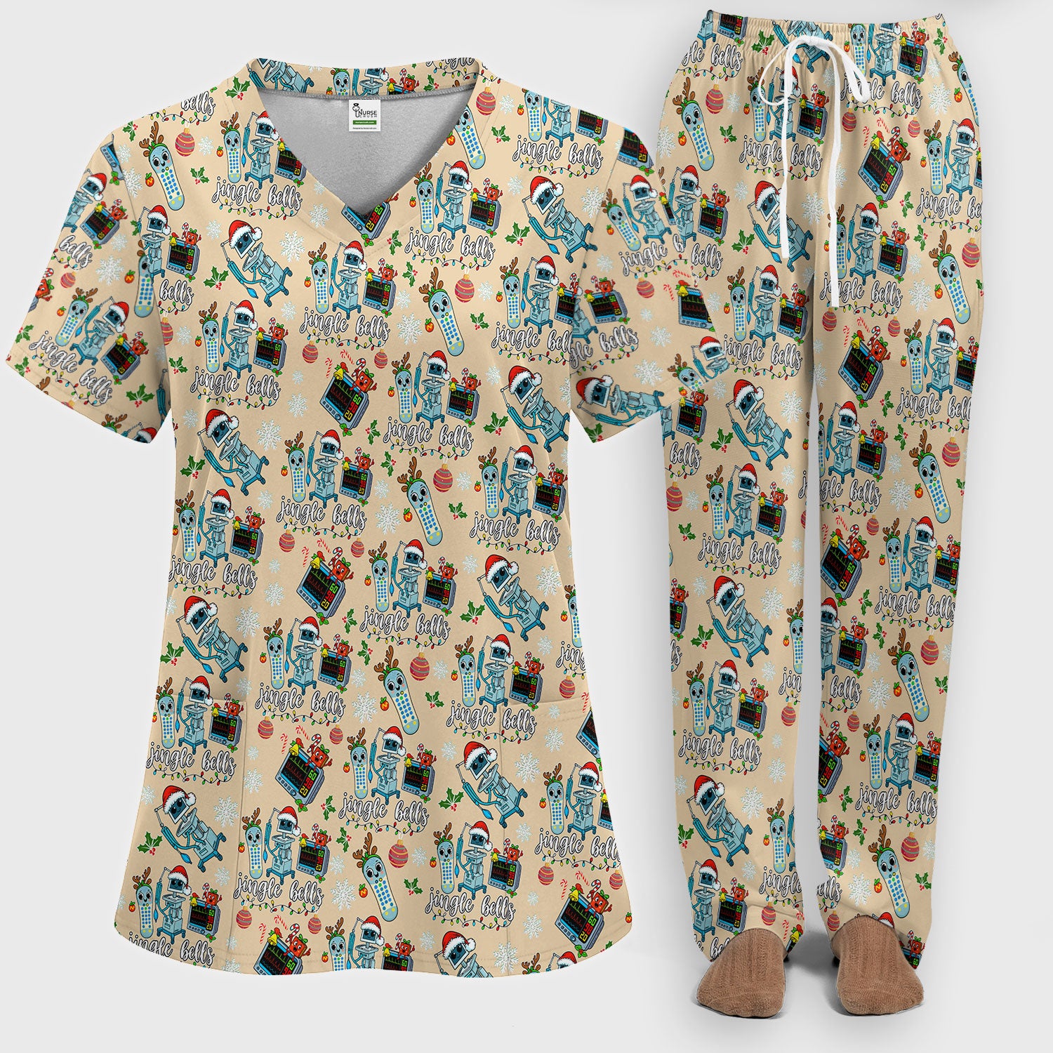 Funny Xmas Women's Scrub Sets - Jingle Bells Holiday Med Uniform -  Christmas Scrub Pants and V Neck Top for RN LPN CNA