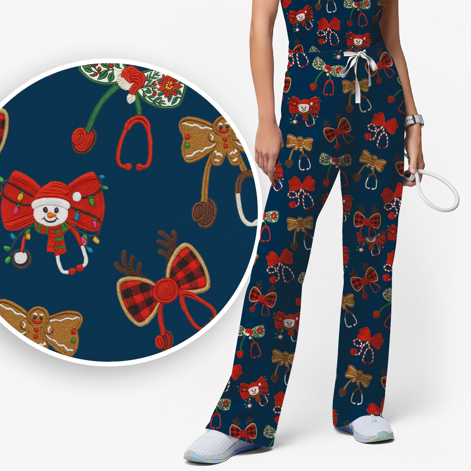 Christmas Stethoscope Bow Nurse Scrub Set, Xmas Pattern Scrub Shirt, Holiday Nursing Uniform
