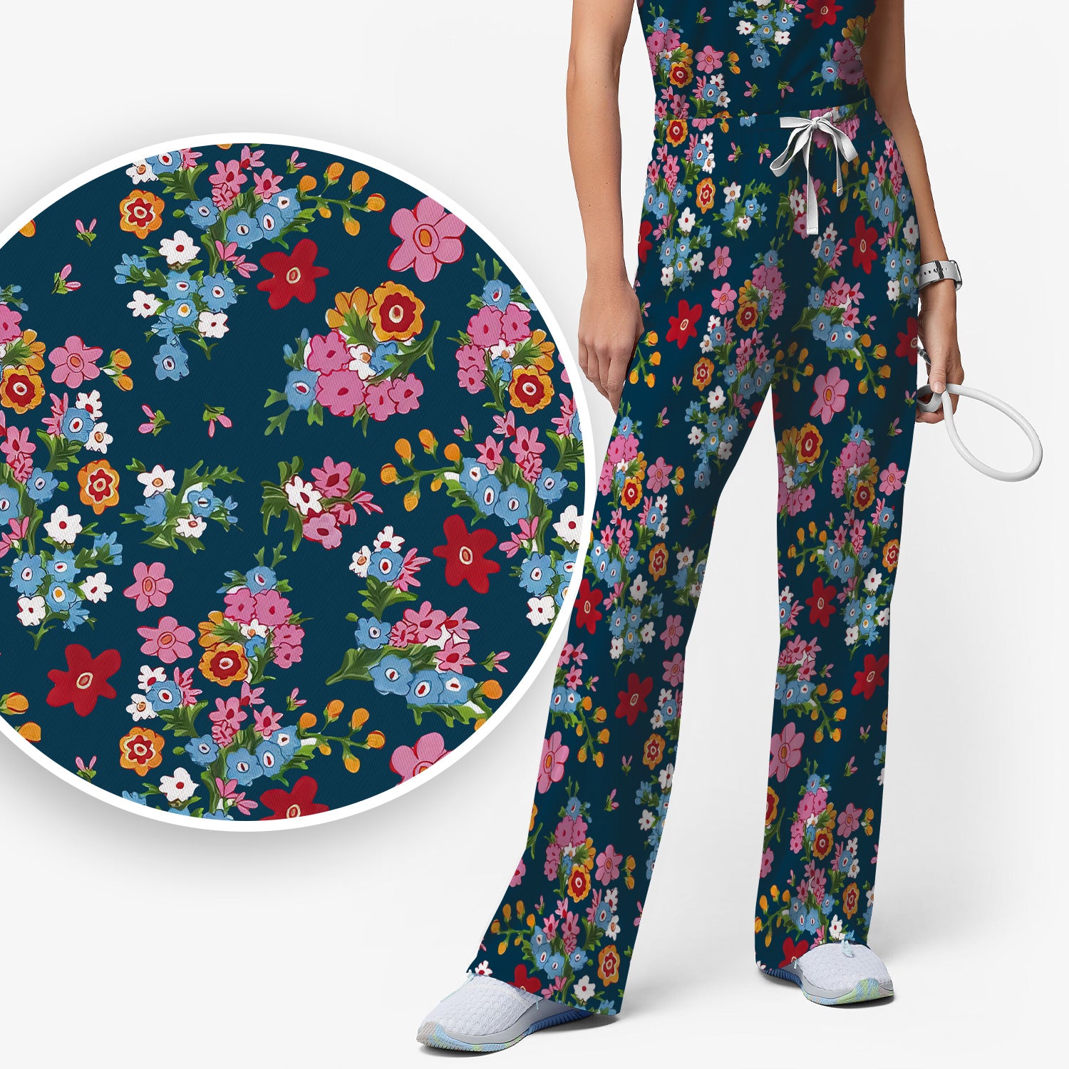 Charming Vintage Floral Bouquet Pattern Scrub Set, Nurse Uniform Scrubs Set