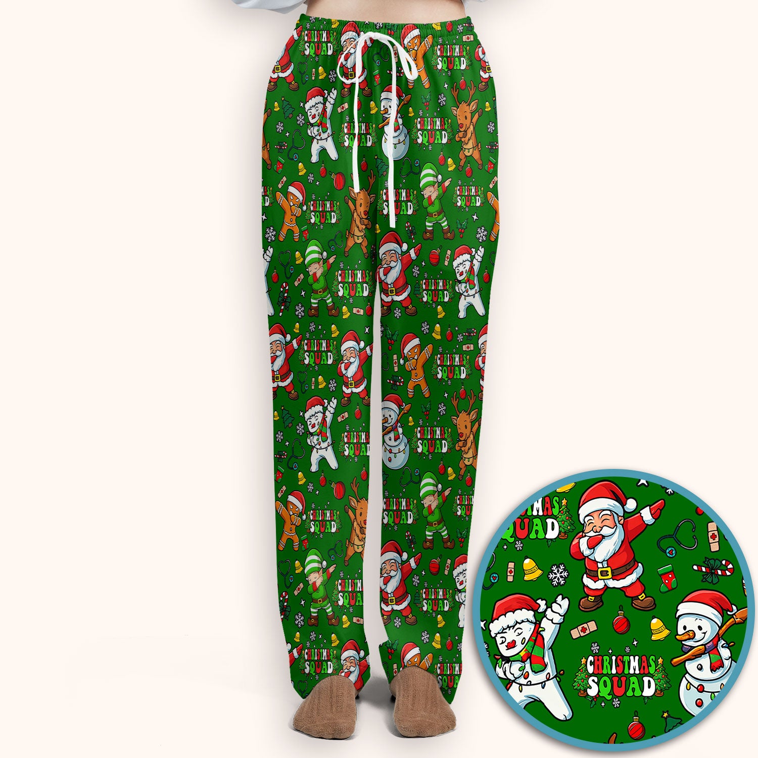 Christmas Squad Scrub Set - Dancing Santa, Reindeer & Elf Pants and V Neck Top - Funny Holiday Gift for Nurses, Doctors & Vet Techs