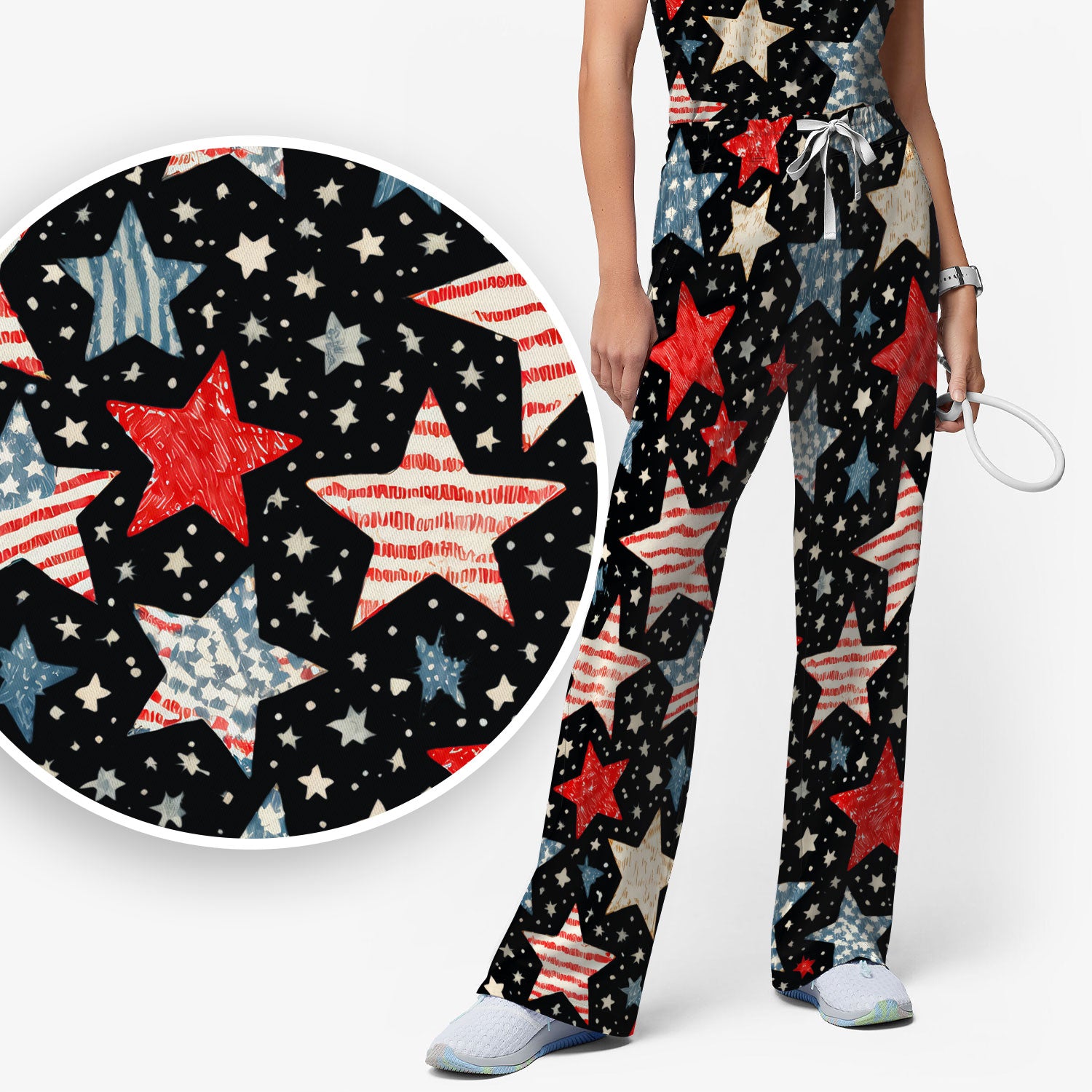 Patriotic Star Pattern Women's Scrub Set, Scrub Pants and V Neck Top