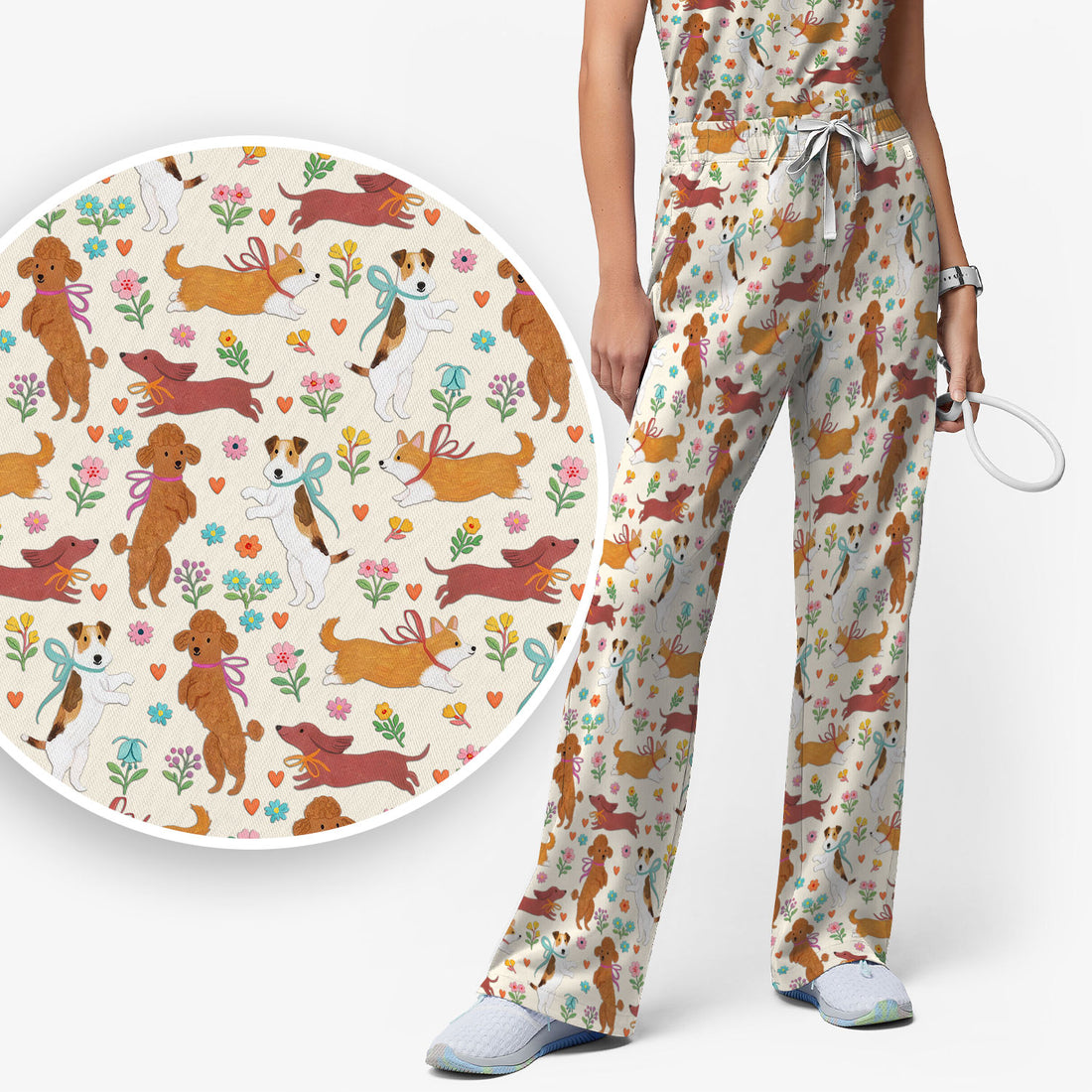 Cute Cartoon Dog Print Women's Scrub Set, Scrub Pants and V Neck Top