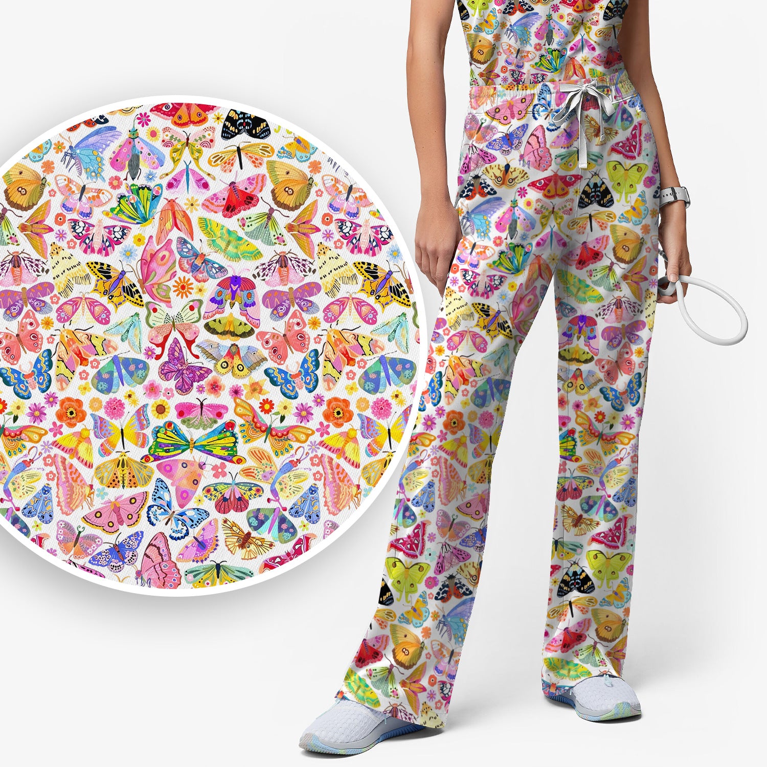 Cute Bright Butterfly Moth Floral Scrub Top, Breathable Fabrics Nursing Uniform