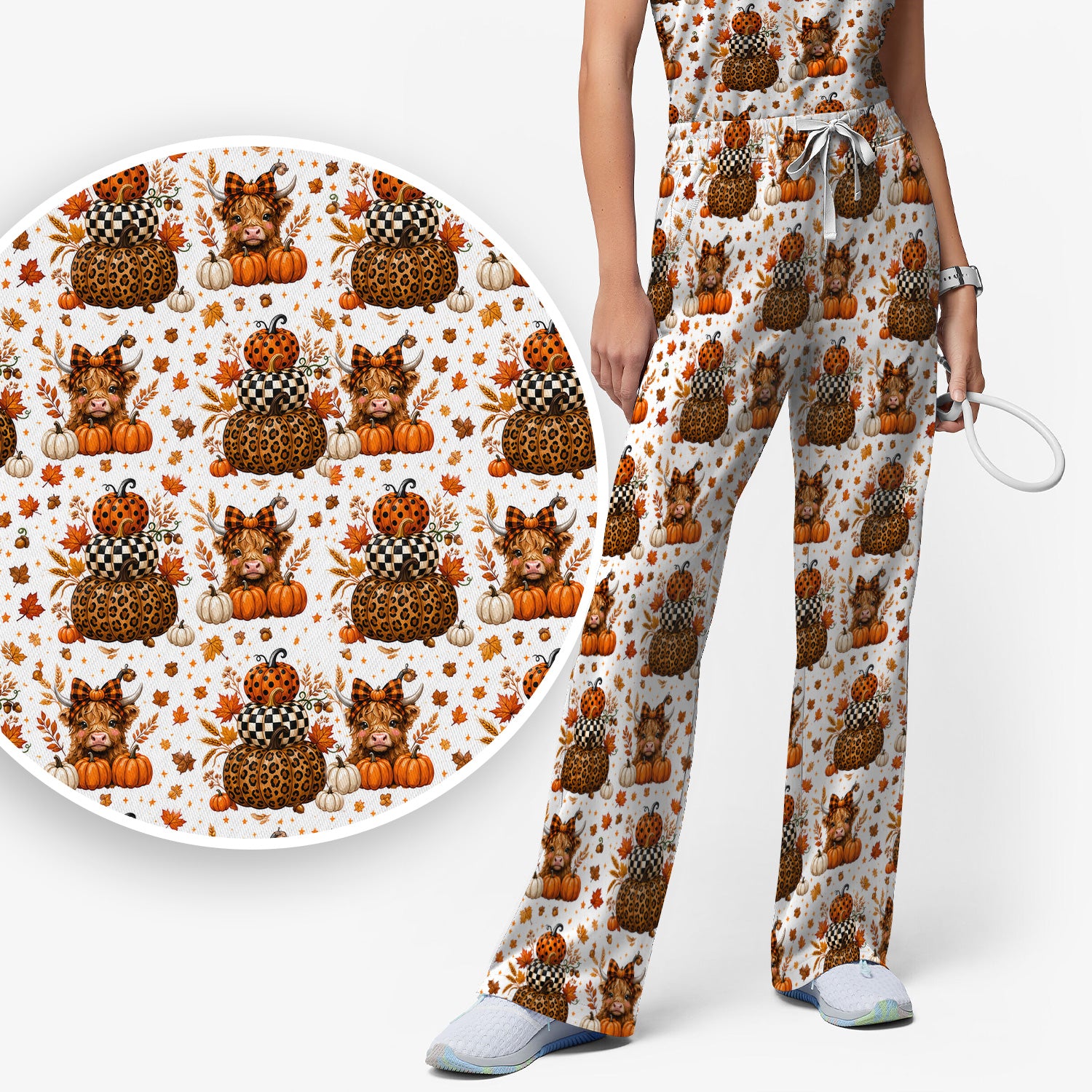 Fall Highland Cow Pattern Scrub Set, Scrub Pants and V Neck Top