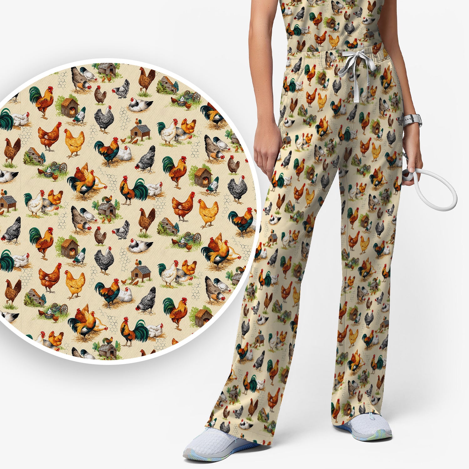 Farm Chicken Rooster Coop Pattern Scrub Set, Scrub Pants and V Neck Top