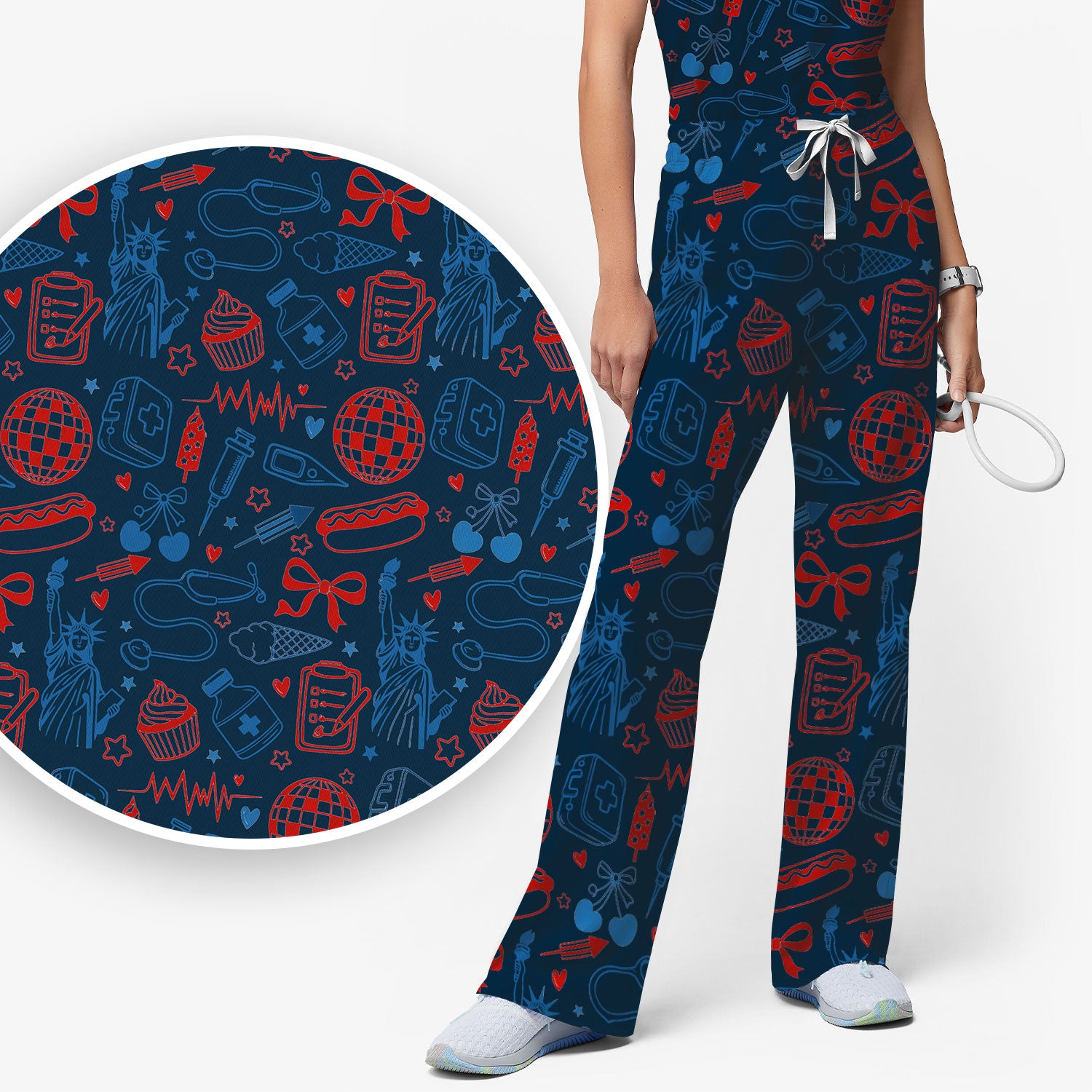 Patriotic Nurse Medical Icons Pattern Scrub Set, Scrub Pants and V Neck Top