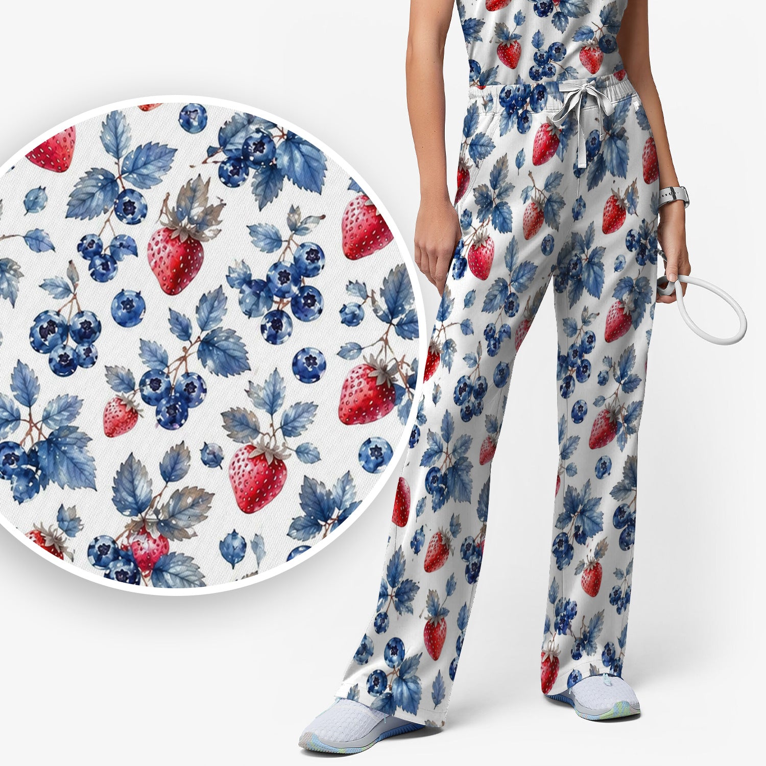 Cute Strawberry & Blueberry Leaf Pattern Scrub Set, Scrub Pants and V Neck Top