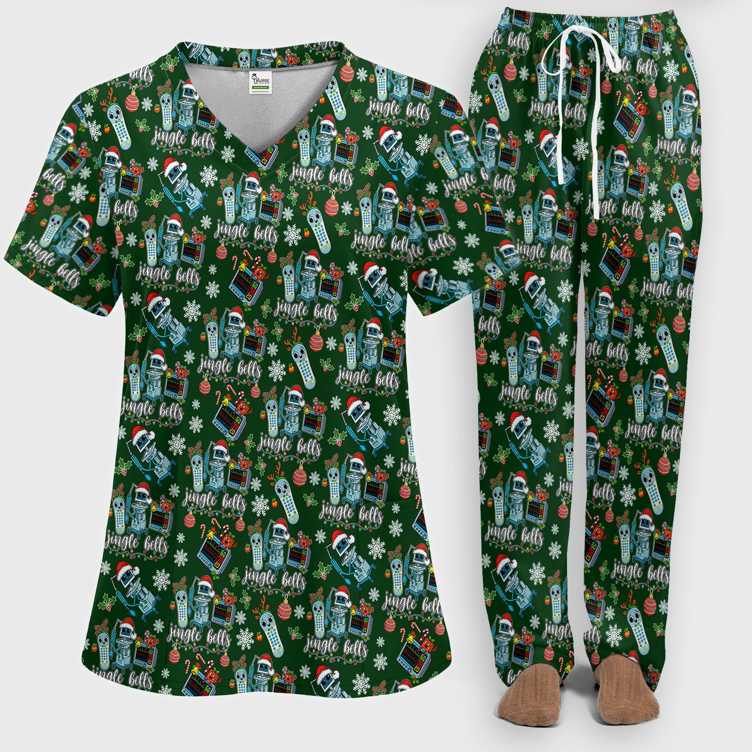Funny Xmas Women's Scrub Sets - Jingle Bells Holiday Med Uniform -  Christmas Scrub Pants and V Neck Top for RN LPN CNA