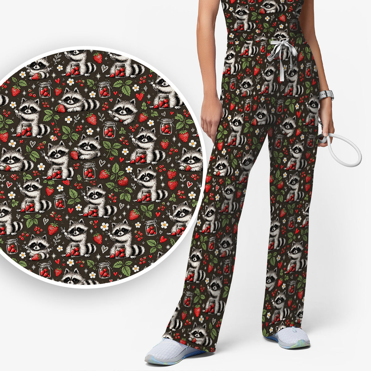 Cute Raccoons And Strawberries Pattern Scrub Set, Scrub Pants and V Neck Top