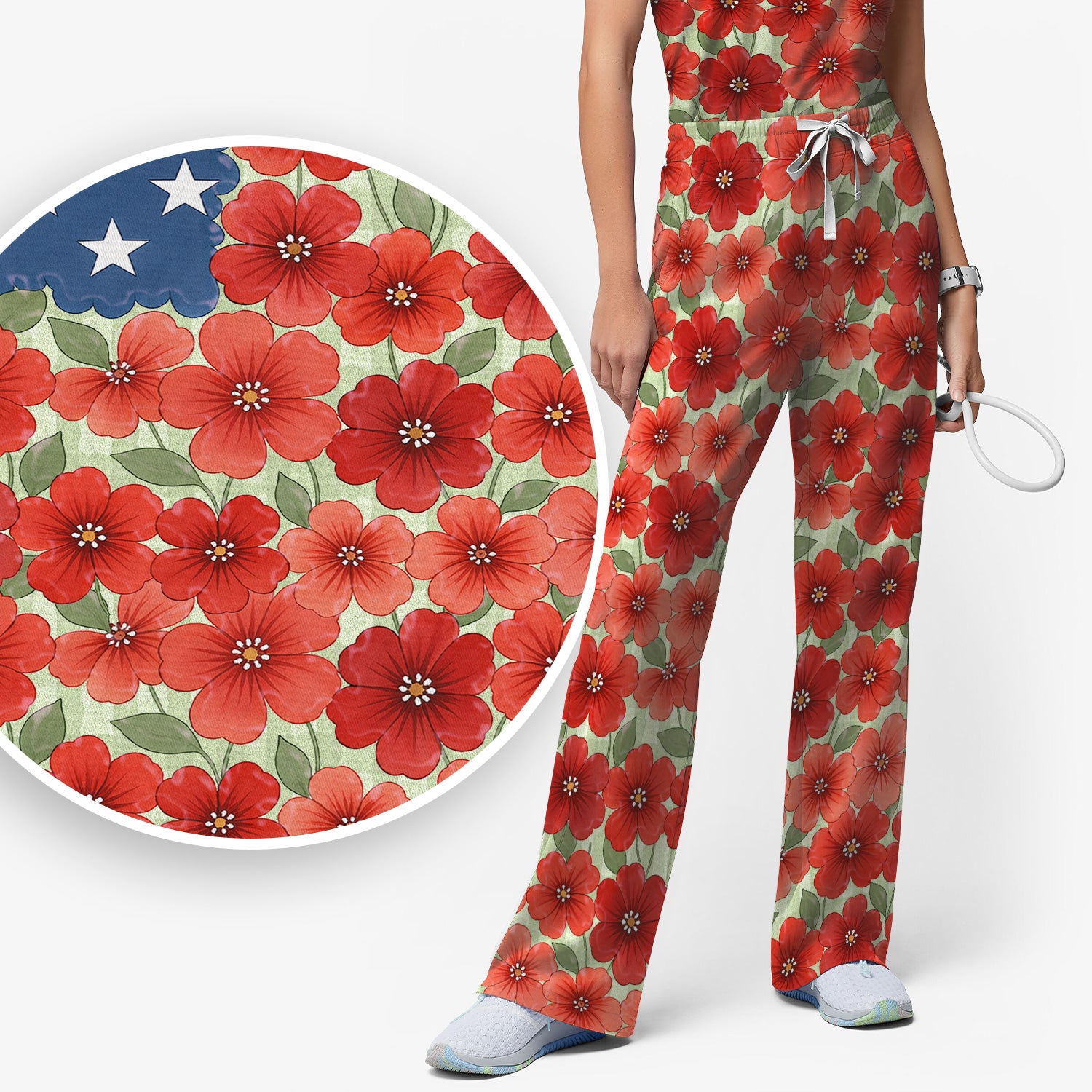 Patriotic USA Flag With Red Floral Blossom Pattern Scrub Set, Scrub Pants and V Neck Top