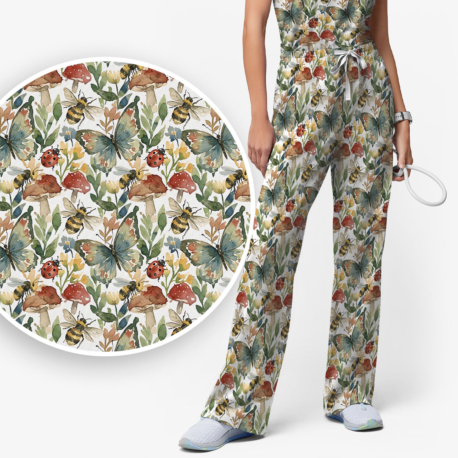 Butterfly Bee With Floral Mushroom Scrub Set, Scrub Pants and V Neck Top