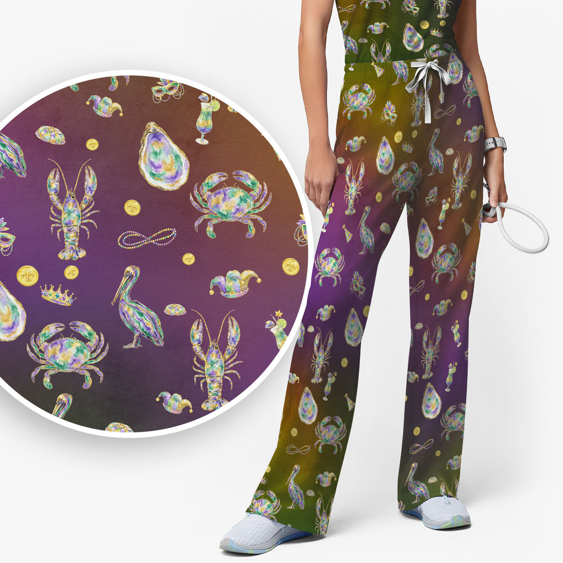 Mardi Gras Seafood Nurse Scrub Set, Comfortable Uniform Scrubs For Nursing