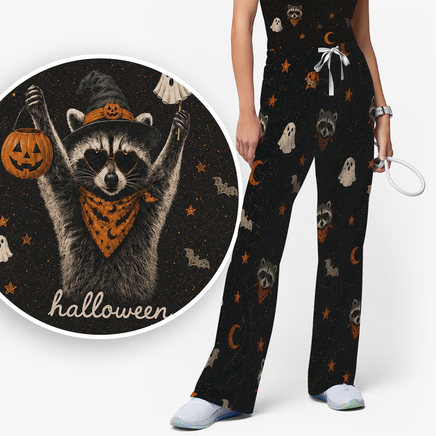 Ghost Pumpkin Raccoon Pattern Scrub Set, Scrub Pants and V Neck Top