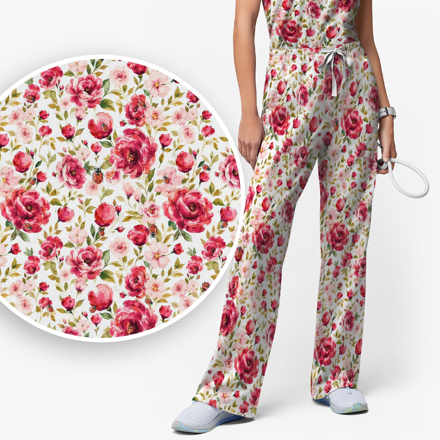 Pink Rose Ladybug Garden Pattern Scrub Set, Scrub Pants and V Neck Top