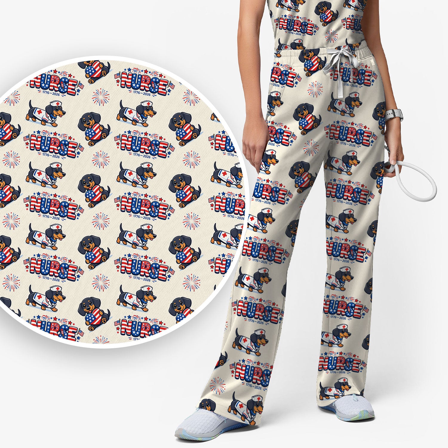 Proud Nurse Patriotic Dachshund Medical Firework Pattern Scrub Set, Nurse Uniform Scrubs Set