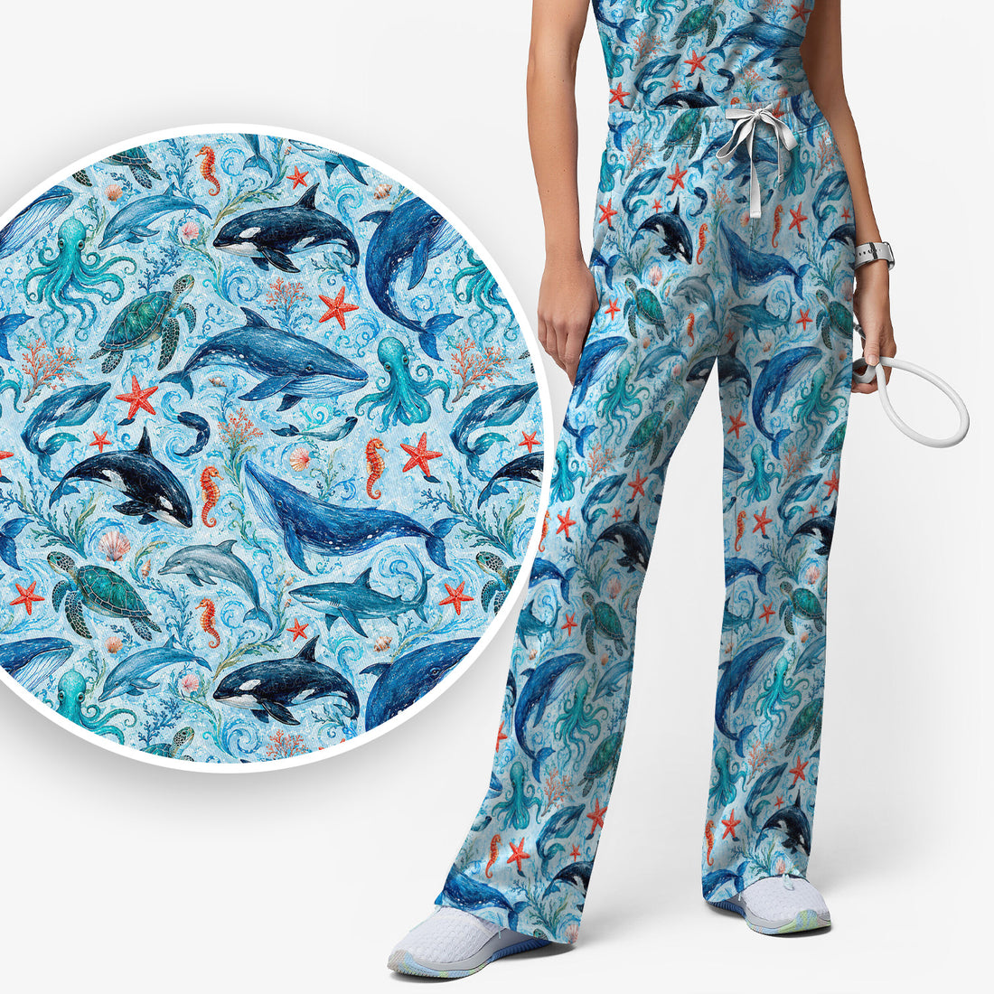 Watercolor Ocean Wildlife Scene Pattern Scrub Set, Scrub Pants and V Neck Top