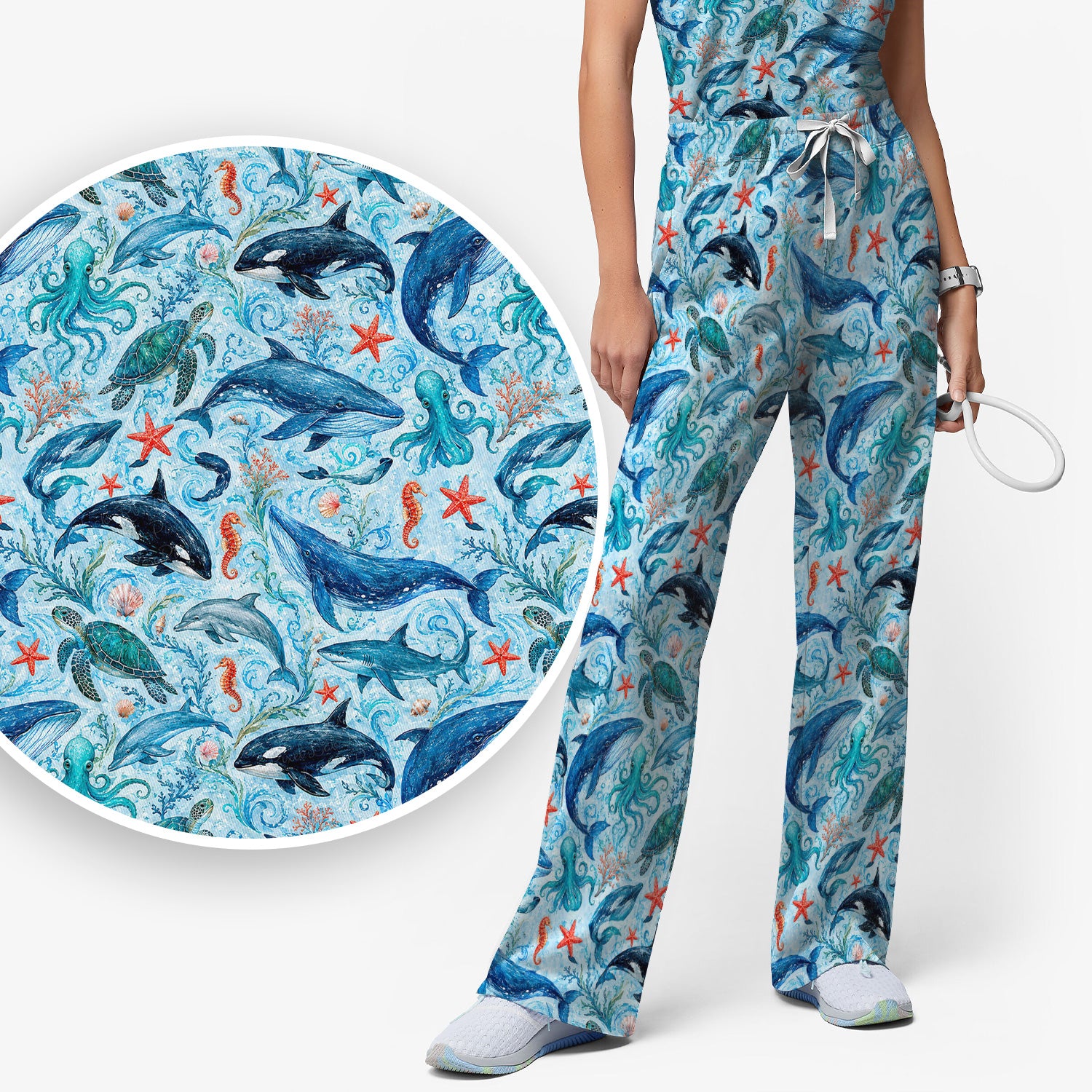 Watercolor Ocean Wildlife Scene Pattern Scrub Set, Scrub Pants and V Neck Top
