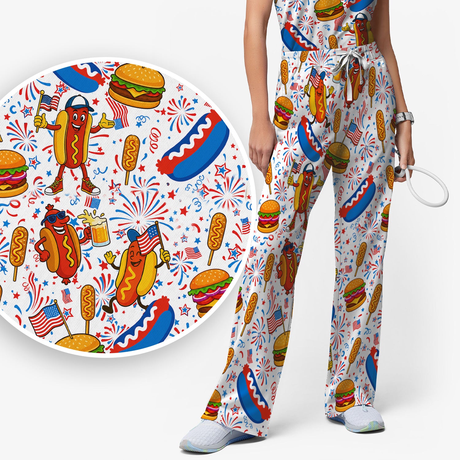 Patriotic Hot Dog Burger Fireworks Scrub Set, Scrub Pants and V Neck Top