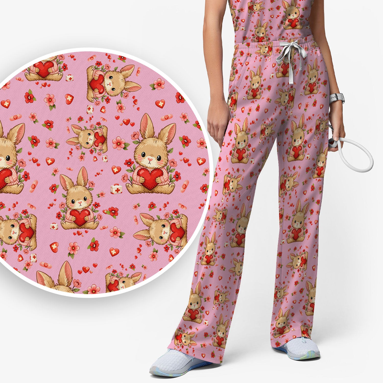Adorable Bunny Heart Healthcare Design Scrub, Breathable Med Uniform