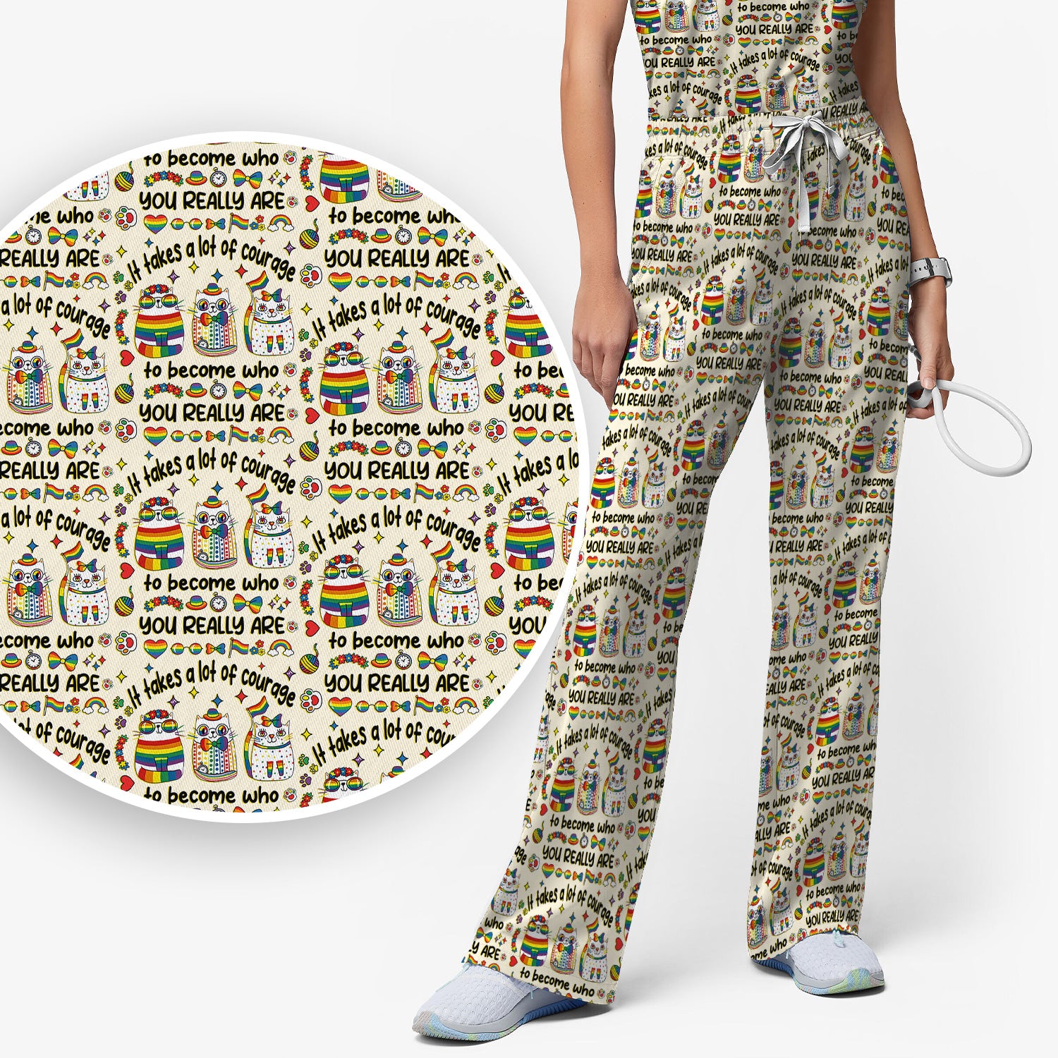 Inspirational Nurse Rainbow Cat Courage Quote Pattern Scrub Top, Breathable Fabrics Nursing Uniform