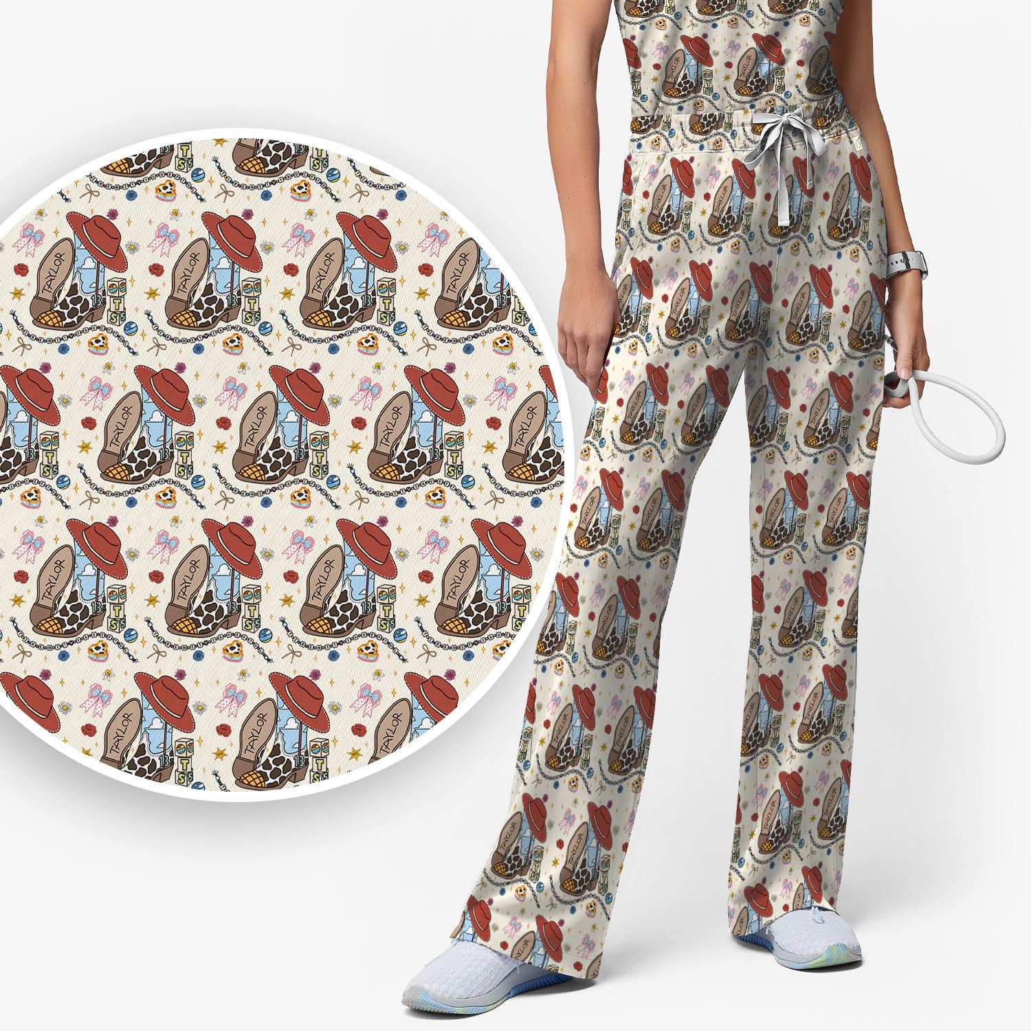 Western Cowgirl Country Medical Pattern Scrub Set, Scrub Pants and V Neck Top