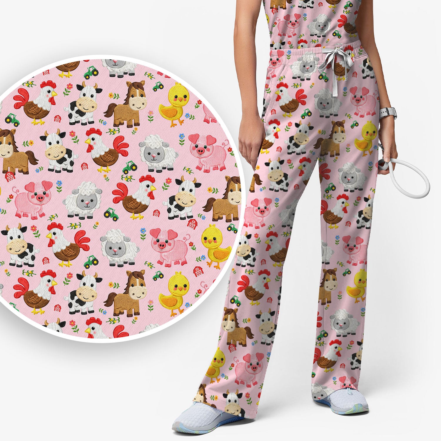 Cartoon Farm Animal Pattern Scrub Set, Breathable Med Uniform