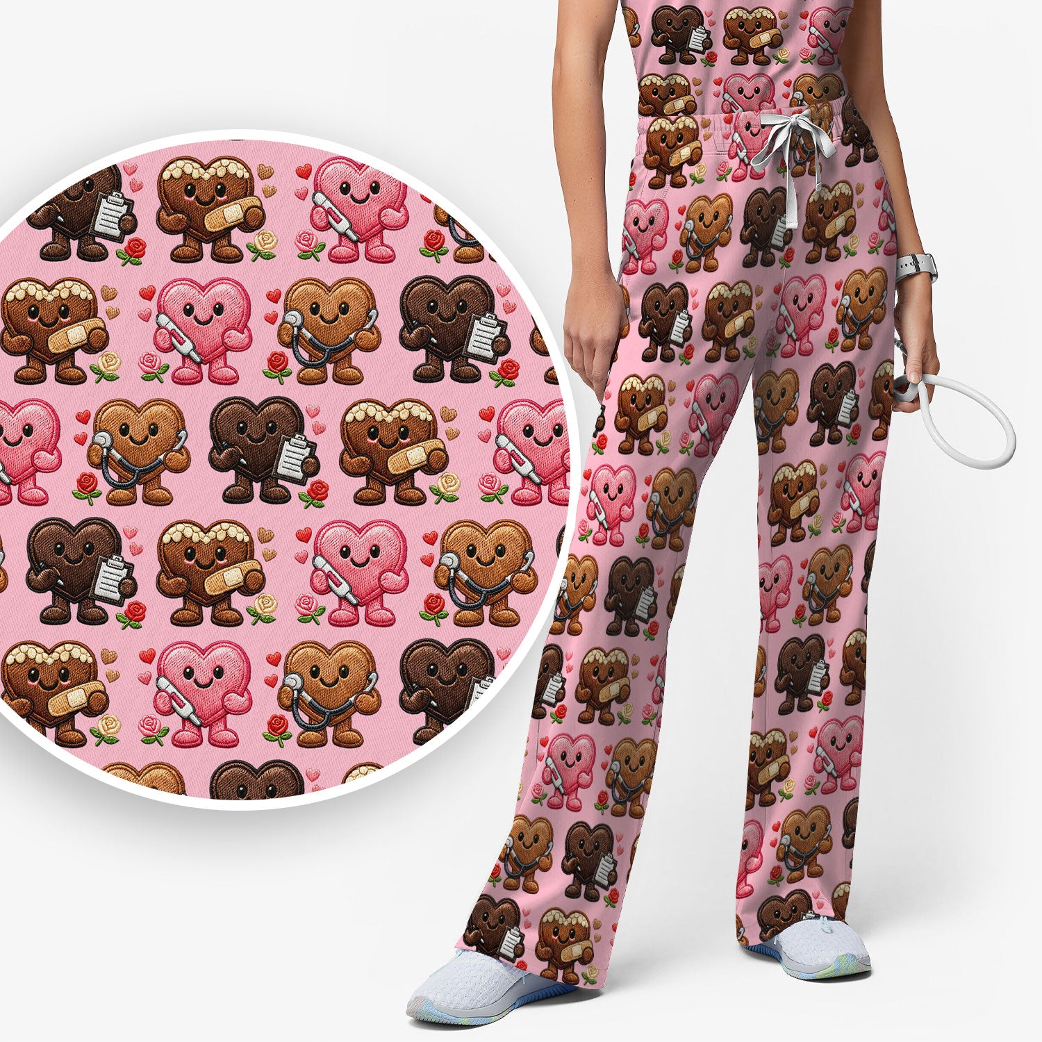 Valentine Heart Nurse Scrub Set, Cute Medical Love Pattern Shirt, Breathable Fabrics Nursing Uniform