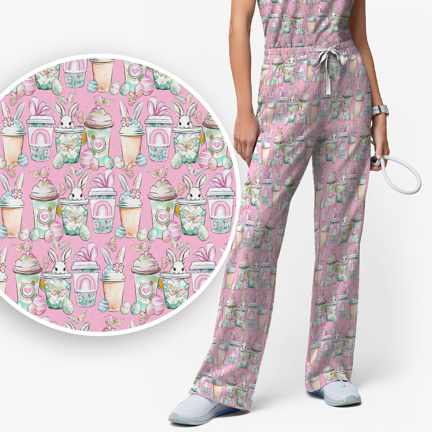 Cute Easter Bunny Coffee Cup Pattern Scrub Sets, Scrub Pants and V Neck Top
