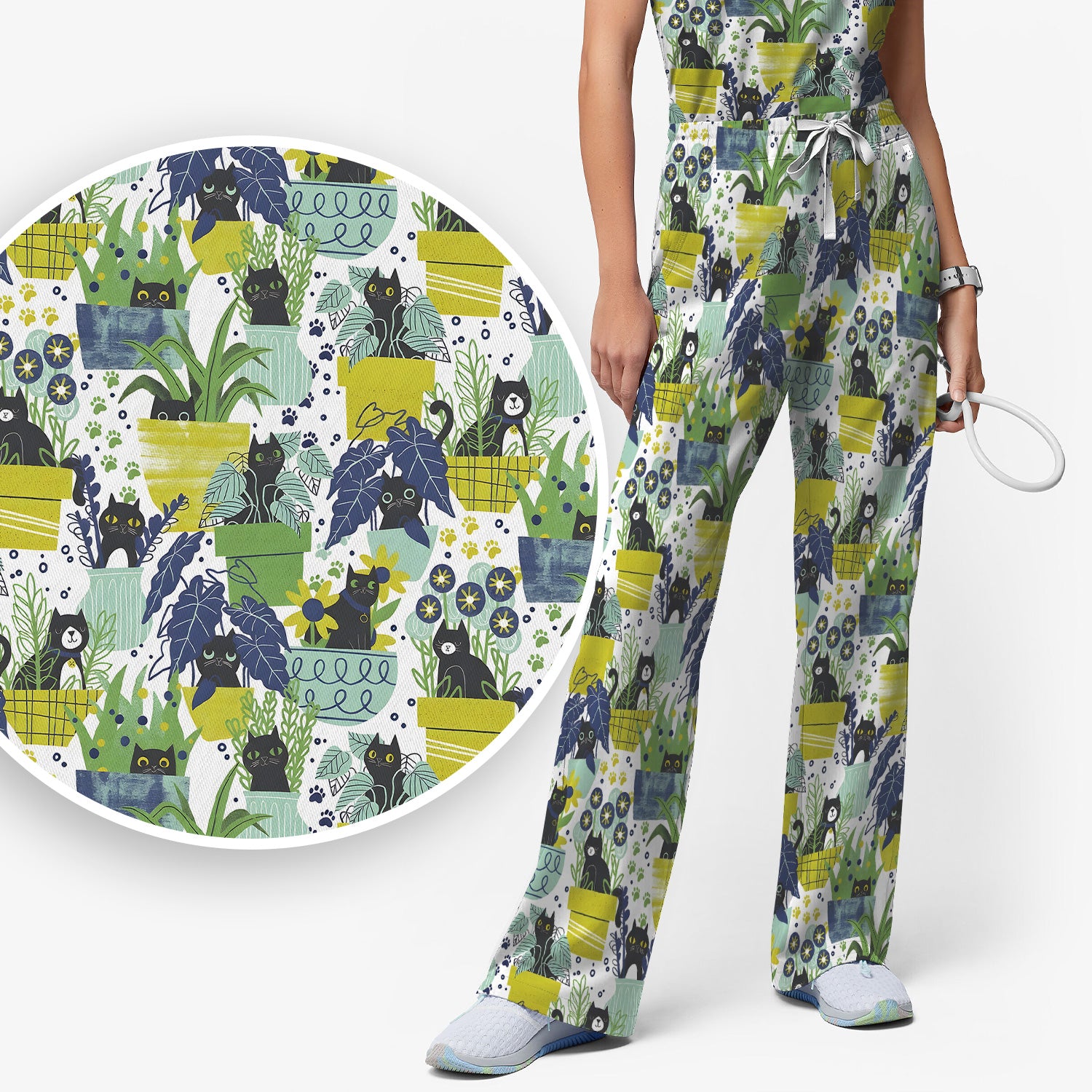 Black Cat Planter Garden Pattern Scrub Set, Scrub Pants and V Neck Top