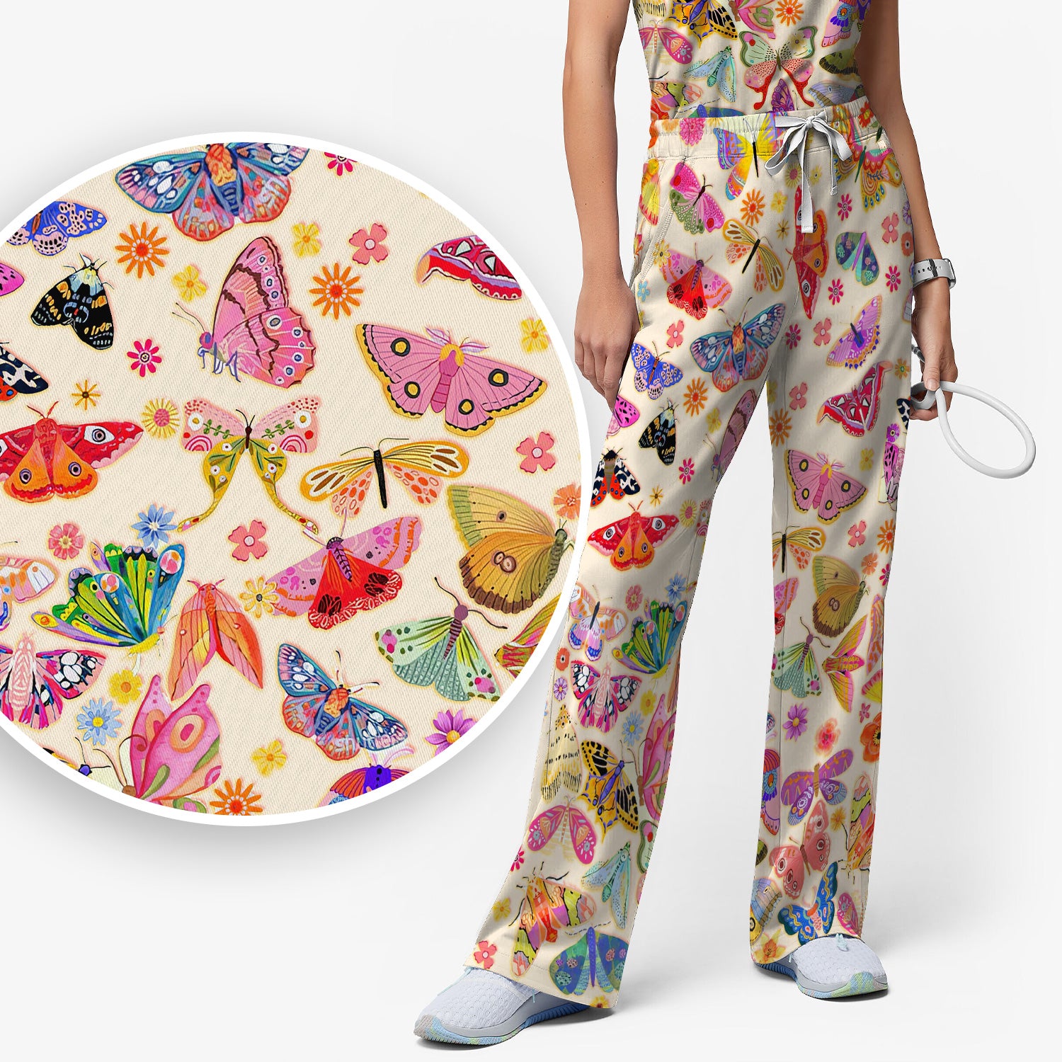 Colorful Butterfly Floral Pattern Scrub Set, Scrub Pants and V Neck Top