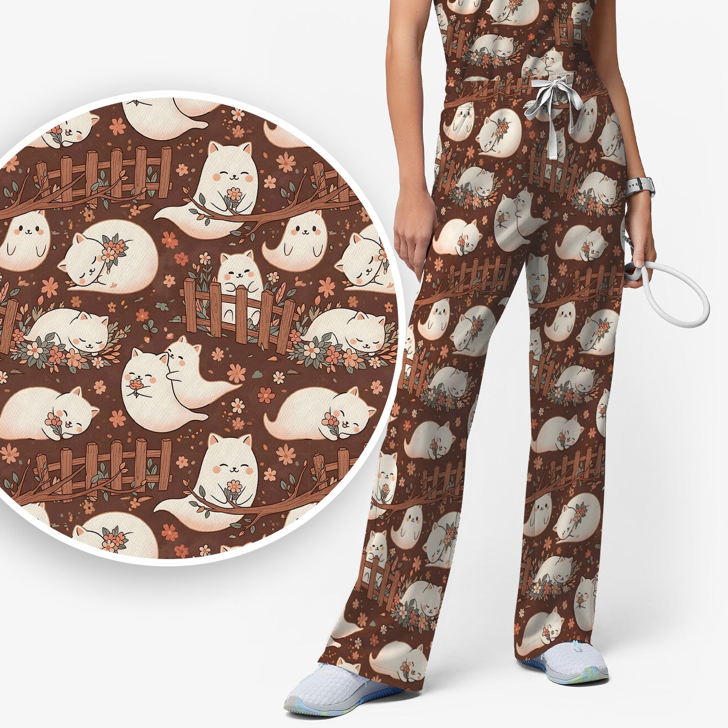 Floral Cat with Garden Fence Print Scrub Set, Scrub Pants and V Neck Top