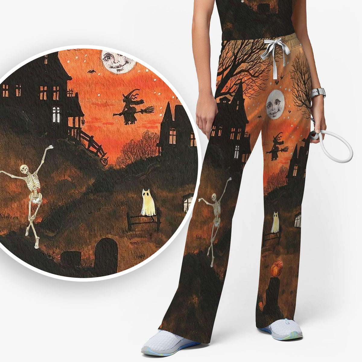 Halloween Haunted House Pattern Scrub Set, Scrub Pants and V Neck Top