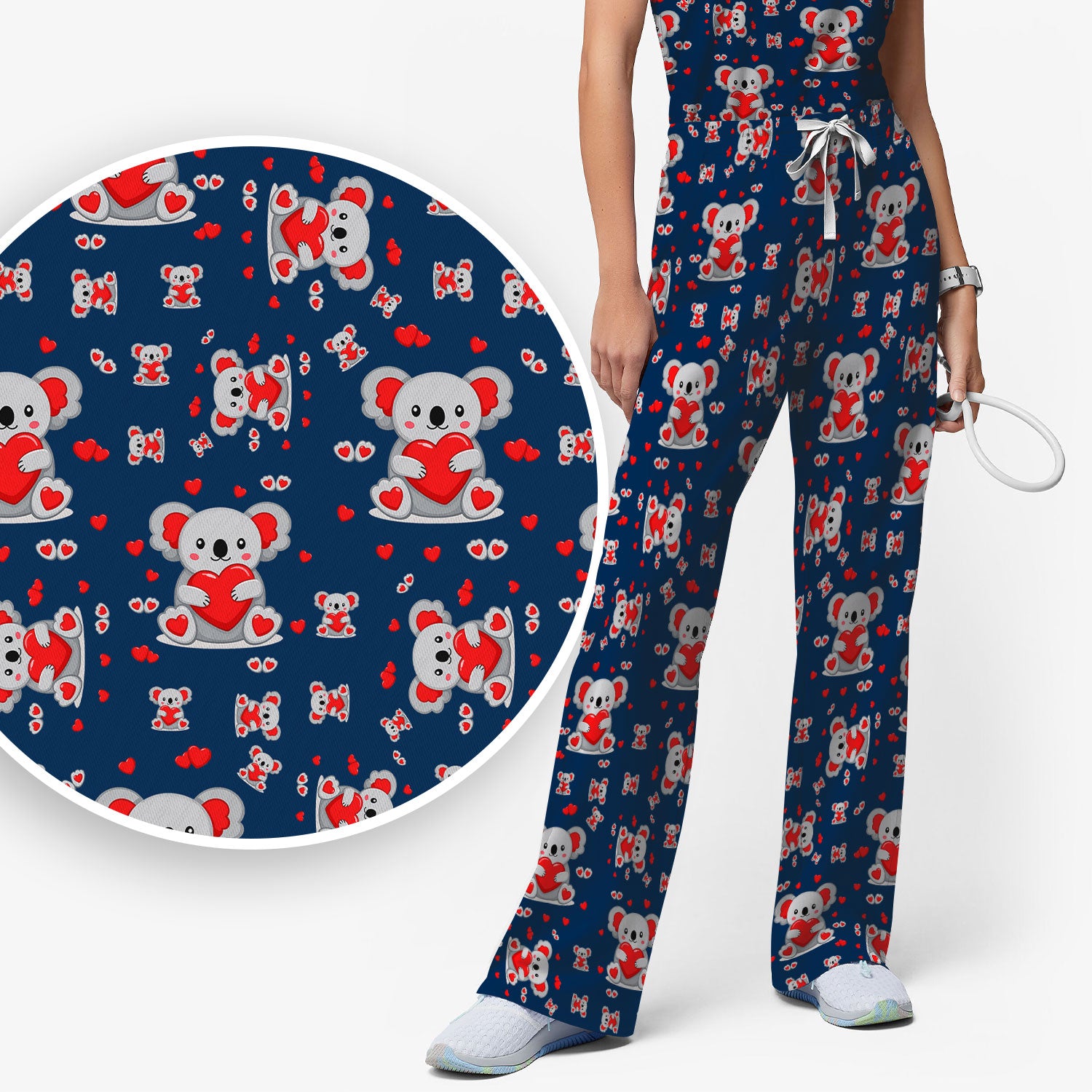 Valentine Cute Koala Heart Pattern Medical Outfit, Women's Scrub Sets