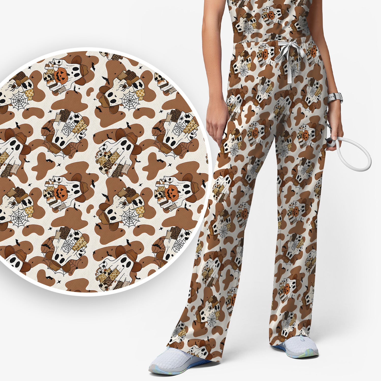 Halloween Cow Ghost Print Scrub Set, Scrub Pants and V Neck Top
