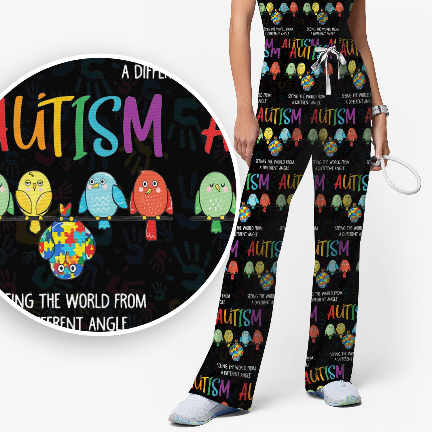 Autism Seeing The World From A Different Angle Birds Scrub Set, Breathable Med Uniform