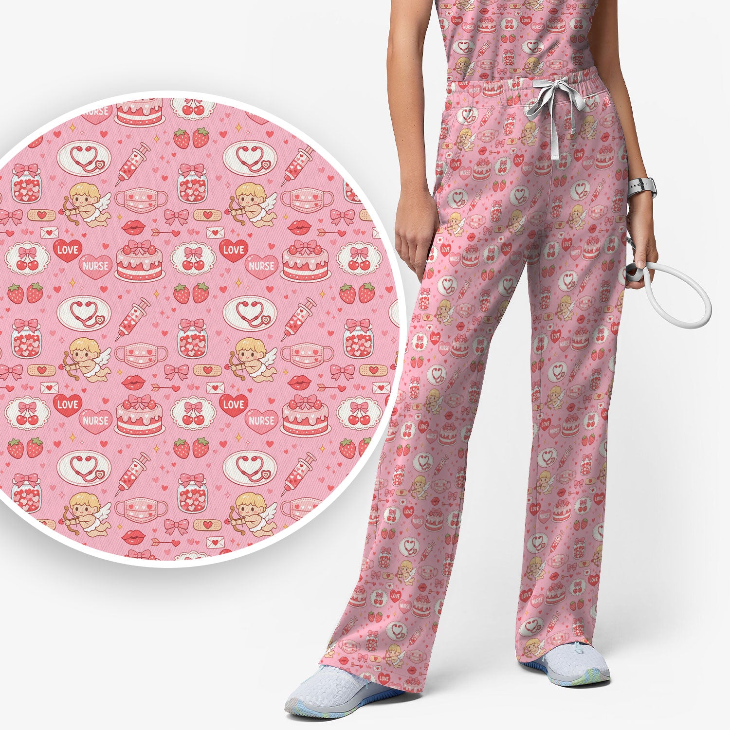 Cupid Nurse Scrub Set, Cute Love Medical Pattern Shirt For Valentine, Breathable Fabrics Nursing Uniform