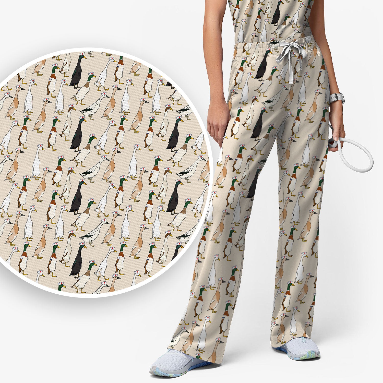 Funny Nurse Duck Pattern Scrub Set, Breathable Med Uniform