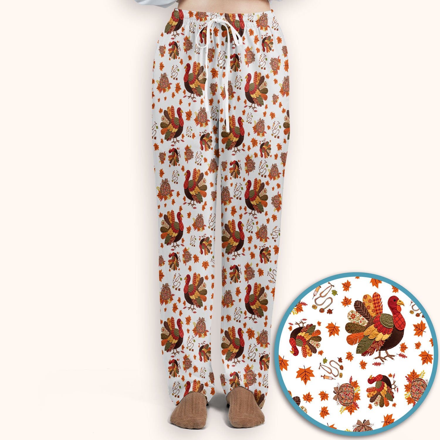 Thanksgiving Turkey Nurse Scrub Sets for Women - Fall Leaves Scrub Pants and V Neck Top - Autumn Nursing Uniform