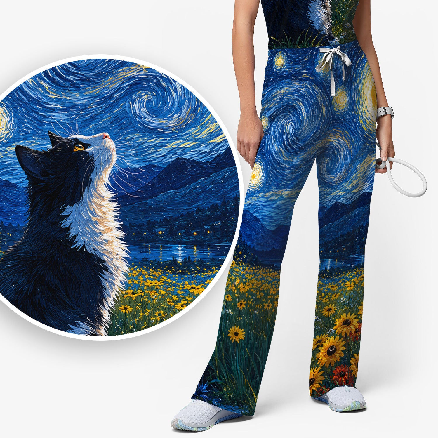 Starry Cat Night Veterinary Nurse Pattern Scrub Set, Scrub Pants and V Neck Top