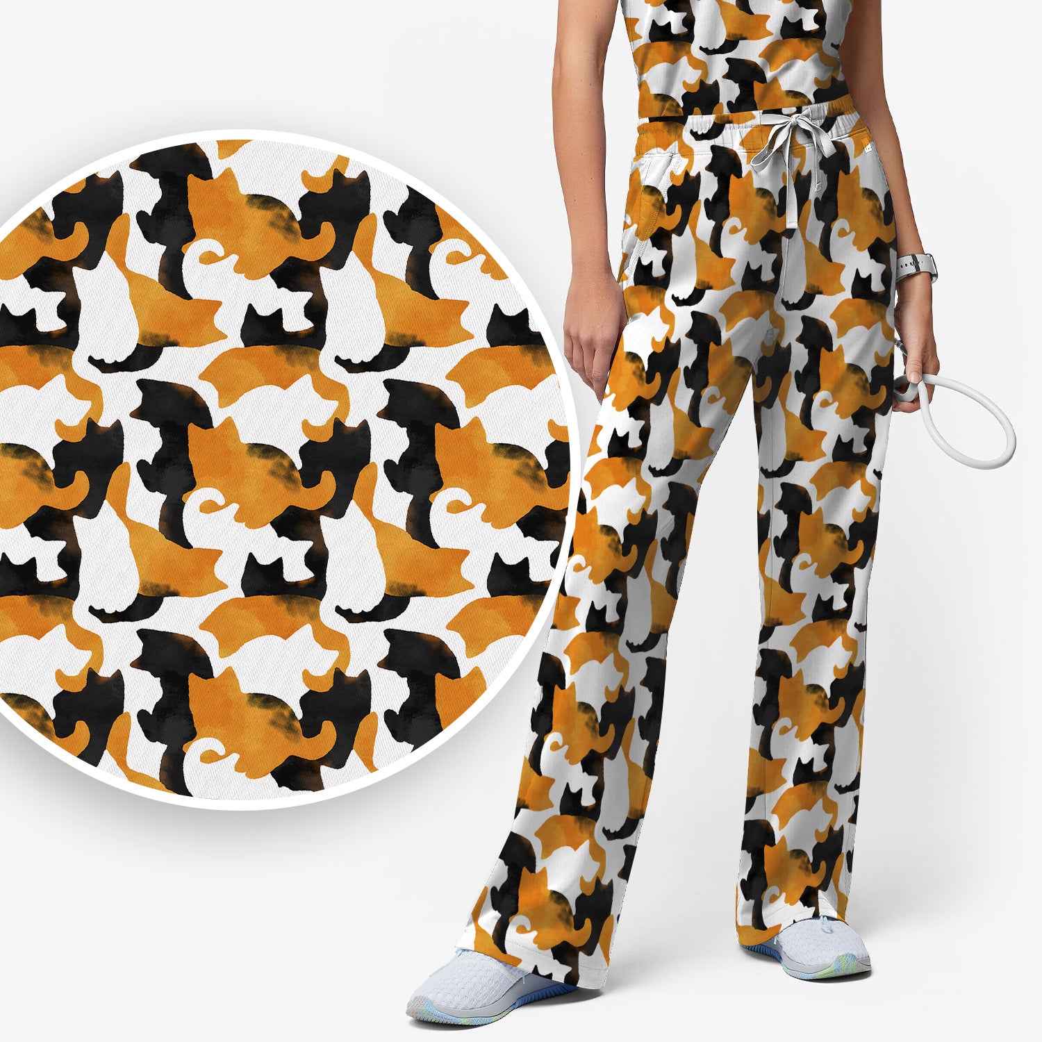 Calico Cat Silhouette Pattern Scrub Set, Scrub Pants and V Neck Top