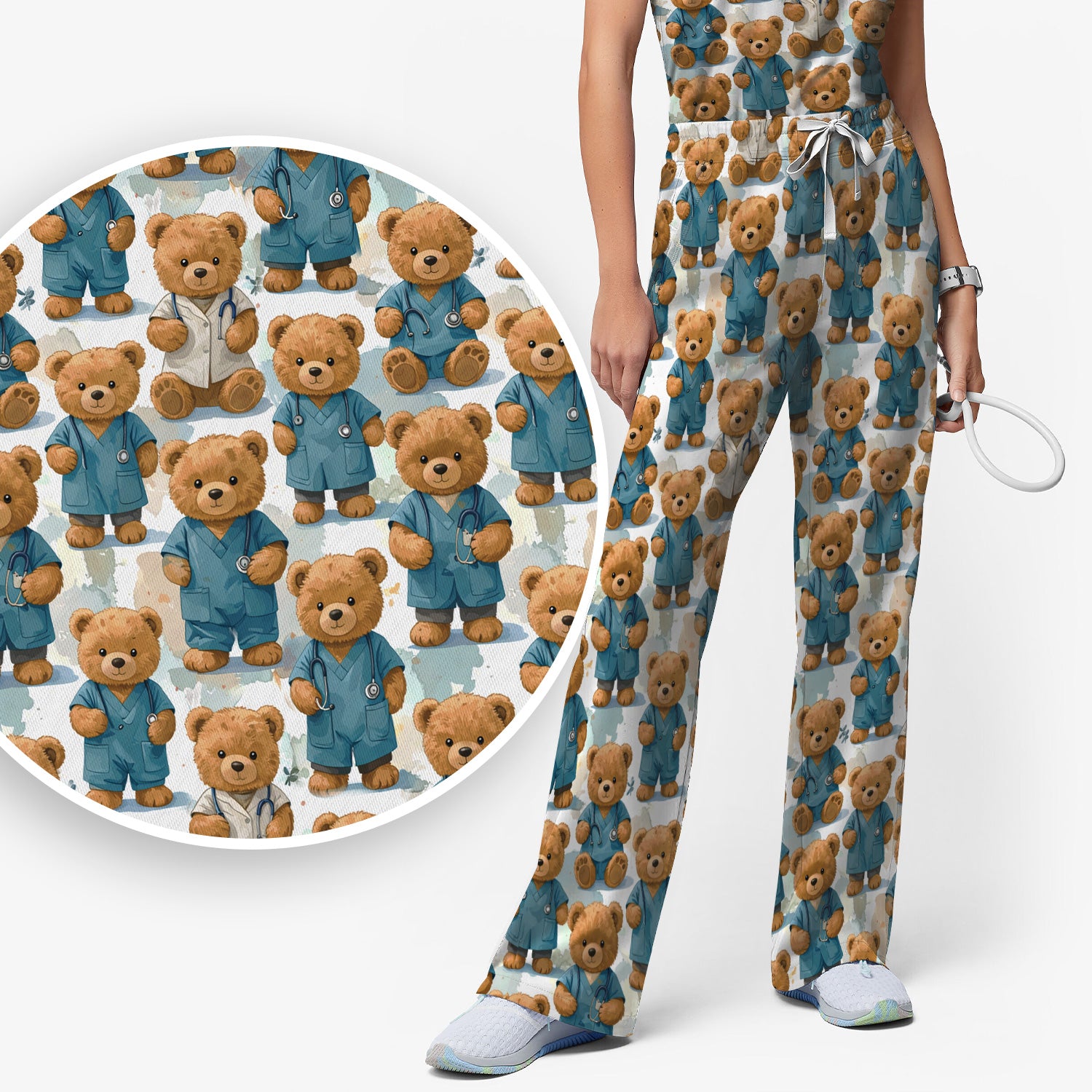 Teddy Bear Doctor Character Pattern Scrub Set, Scrub Pants and V Neck Top